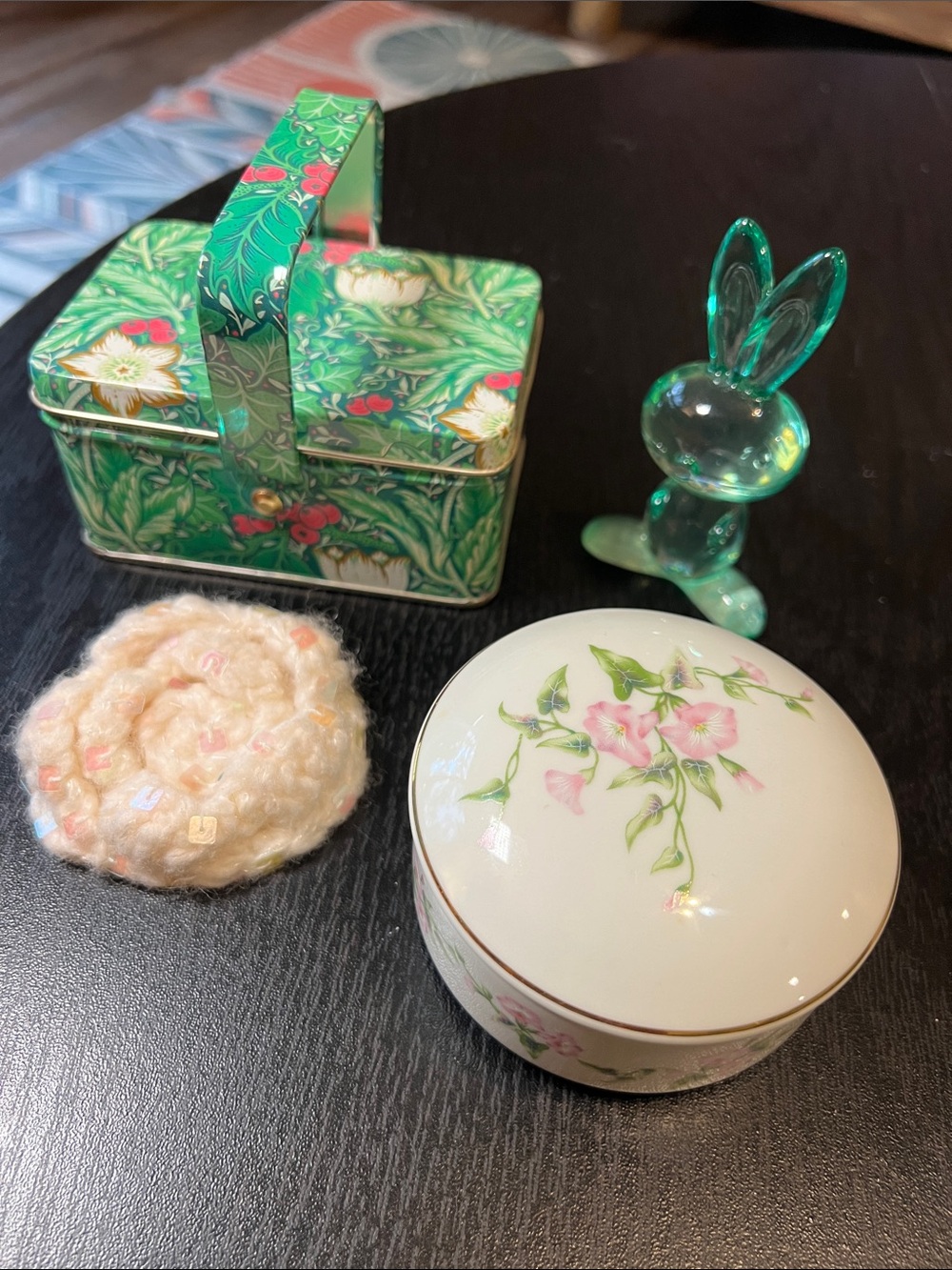 Vintage Floral Tin, Morning Glory Trinket Dish, Bunny Rabbit Figurine & Brooch